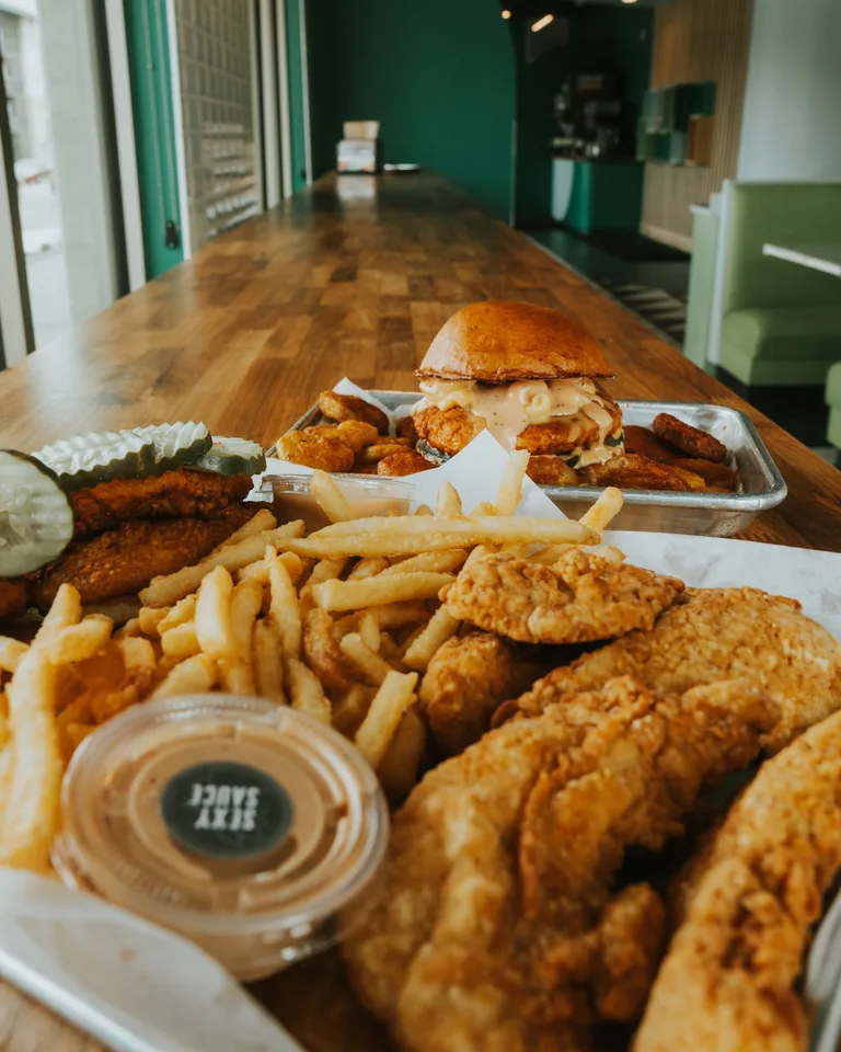 Chicken tenders, fries, dipping sauce and a chicken sandwich at Sexy Sammies.