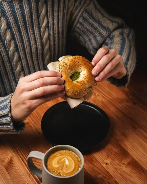 Bagel sandwich and a hot latte at Spotlight Café