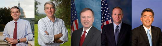 (Left to right) Sens. Michael Bennet and Mark Udall and Reps. Doug Lamborn, Jared Polis, and Cory Gardner pushed for $125 million for disaster relief for Colorado.